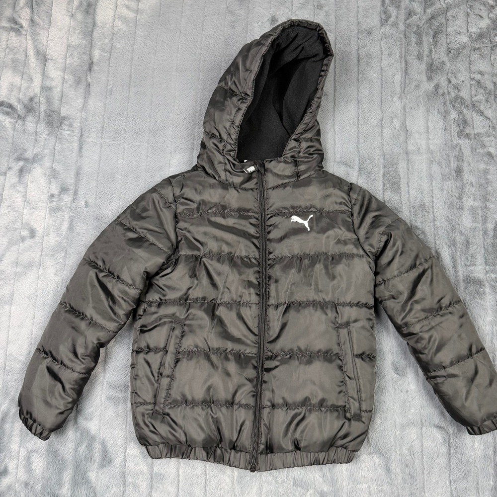 Puma Kids Black Puffer Jacket Hooded Full Zip Fleece Lined Logo Size S 8 9819